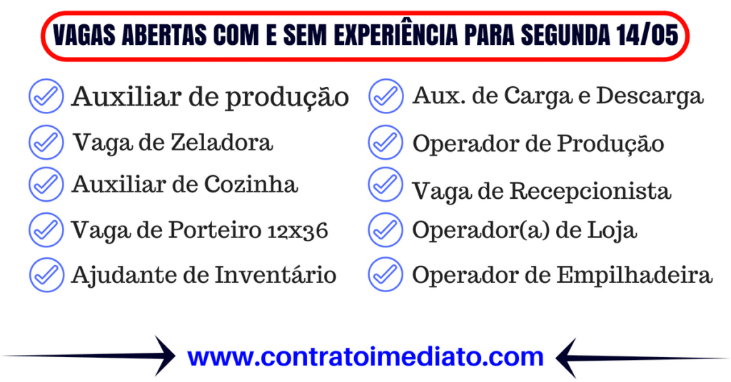 Vagas Abertas Com e Sem Experiência para Segunda 14/05