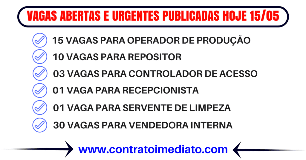 Vagas Abertas e Urgentes Publicadas Hoje 15/05