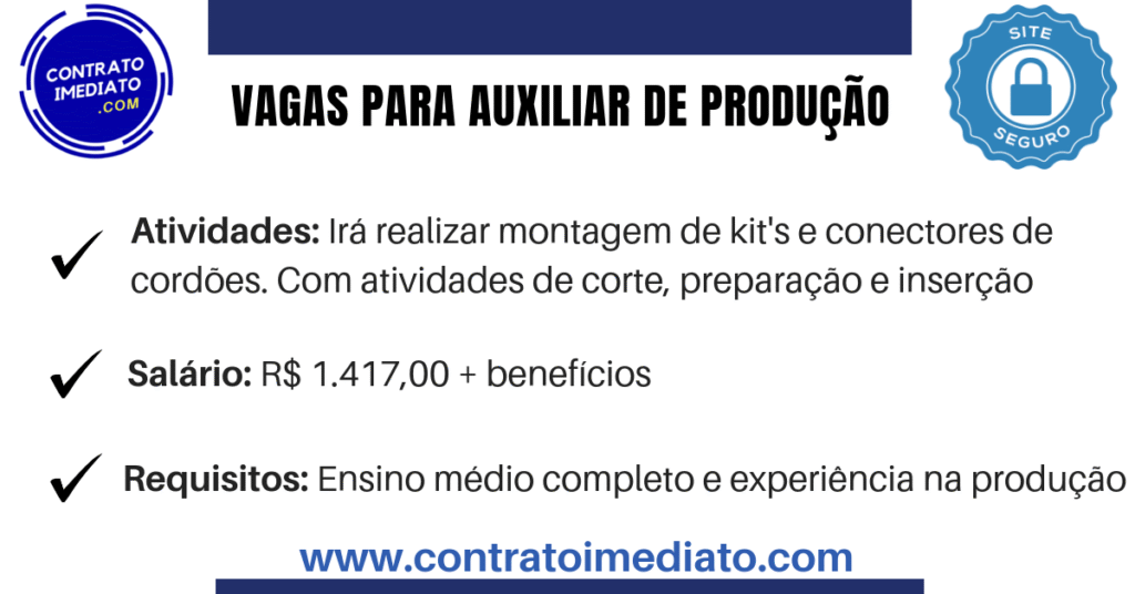 Vagas para Auxiliar de Produção – Salário: R$1.417,00 – Envie seu cv